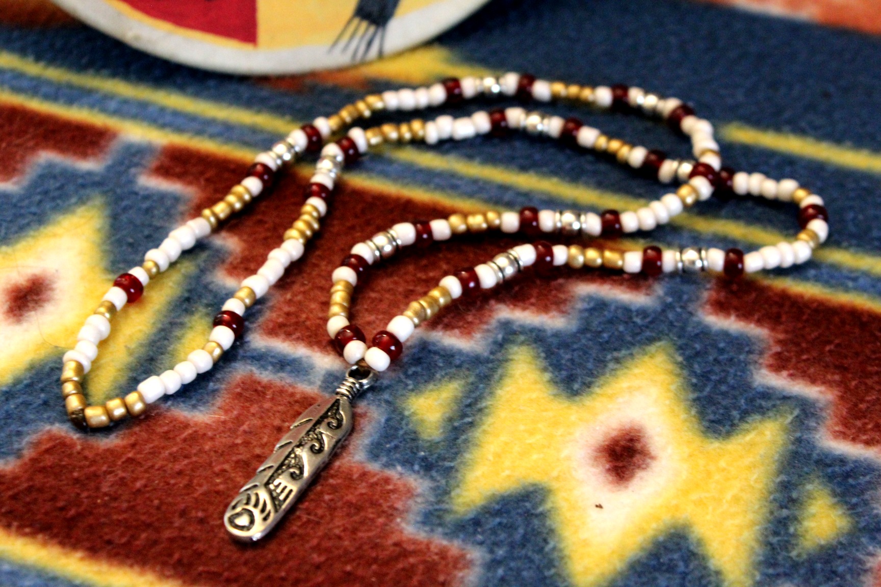 Metal Feather Necklace, Native American Bear